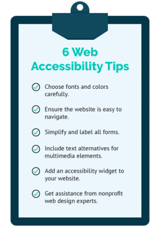 List of tips for making your nonprofit website more accessible, which are also detailed in the text below.