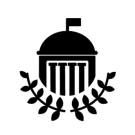 outline of domed building with flag on top and columns in front with two branches with leafs forming a "U" underneath