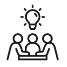 outlines of three people sitting at a table with a shining lightbulb over the middle person's head