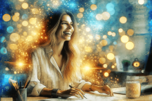 Woman at a Desk With Sparkles Flying in the Air