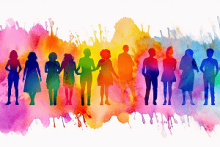 People Standing Together Rendered in Rainbow Watercolors